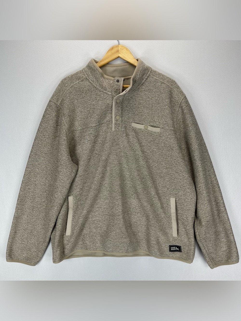 Eddie Bauer Men’s Sweater Fleece XXL Tan 1/4 Snap Thick Knit Pockets
